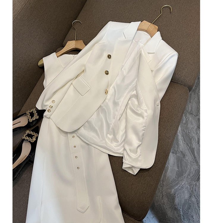 Women's White Denim Vest Skirt and Jacket Two-Piece Set