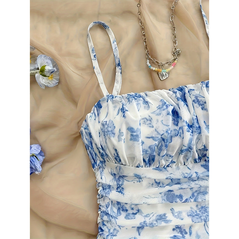 Women's Blue Floral Mid Waist French Strap Dress
