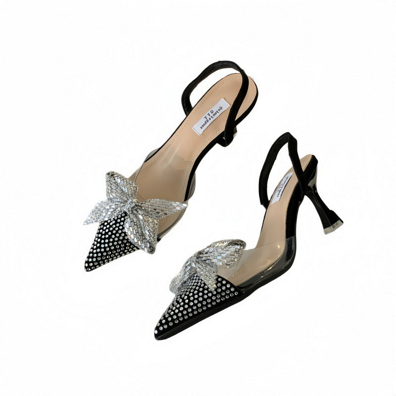 Pointed Toe Satin Bow Stiletto High Heels in Silver & Black