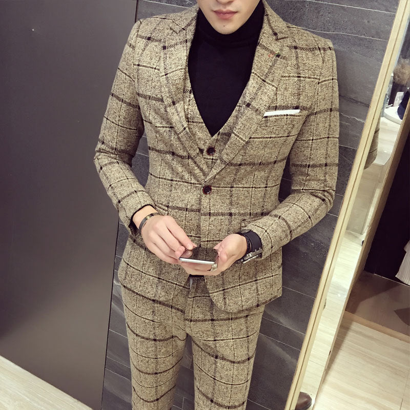 Slim British Casual Check Men's Three-Piece Suit Set