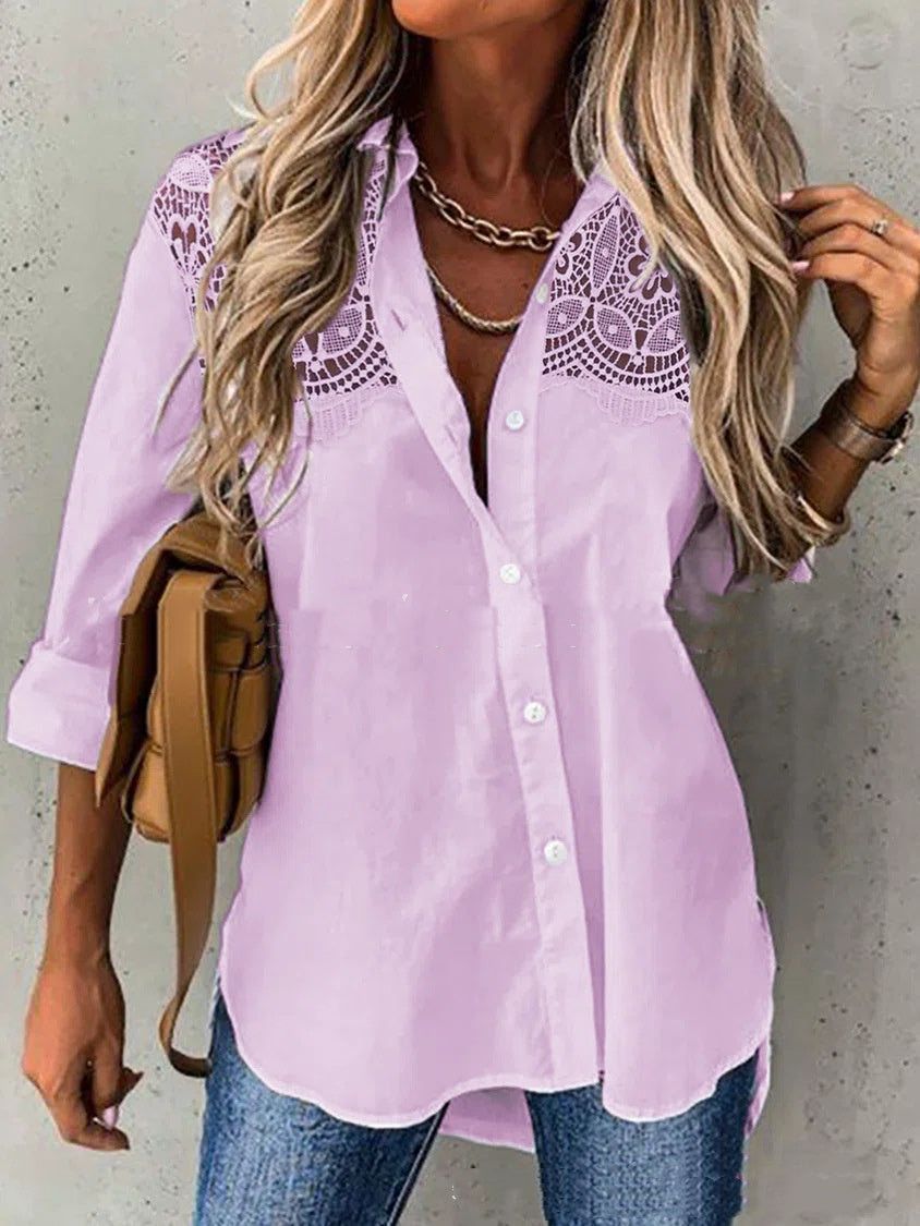 Chemise cardigan à revers en dentelle à manches longues ample de couleur unie pour femmes