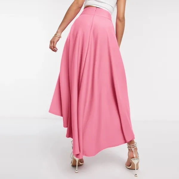 Women's Asymmetric High Waist Mid-Length Skirt in Black & Pink Polyester
