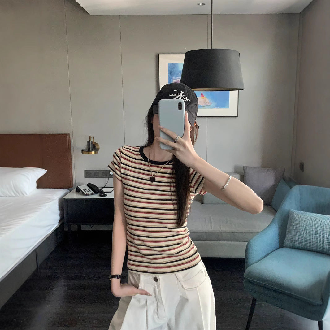 Contrast Color Striped Round Neck Short Sleeve Women's Shoulder Top
