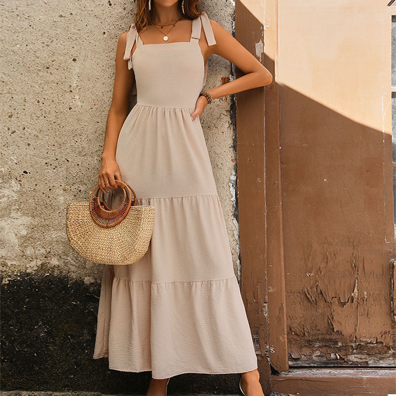 Women's Apricot Backless Solid Color Sling Dress Mid-Length