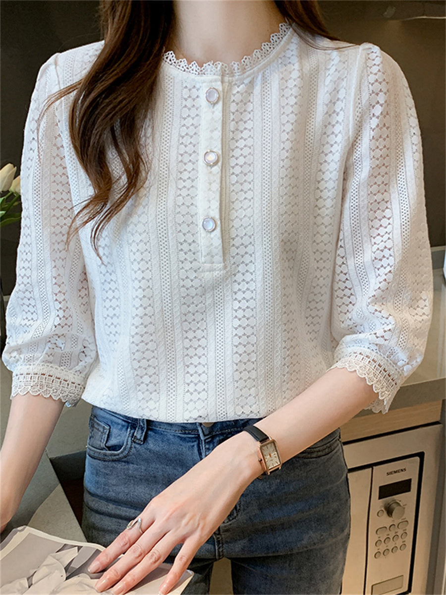 Women's Slim And Western Style Three-quarter Sleeve White Lace Top