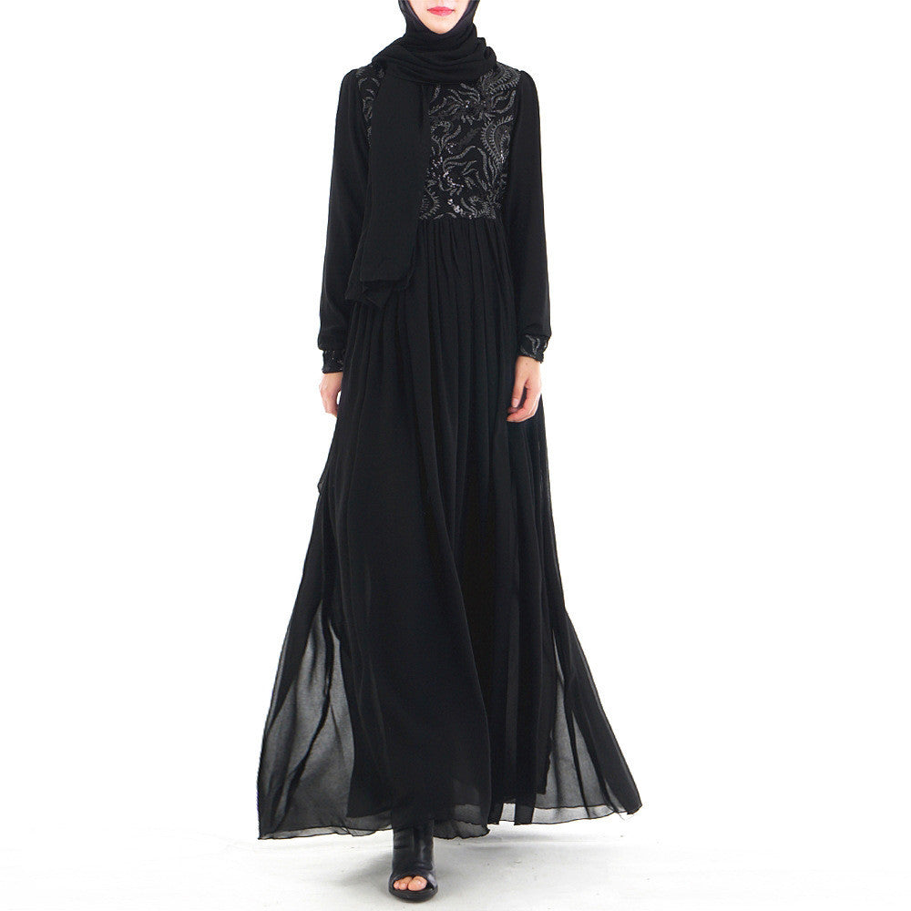Robe musulmane brodée à manches longues en dentelle à sequins