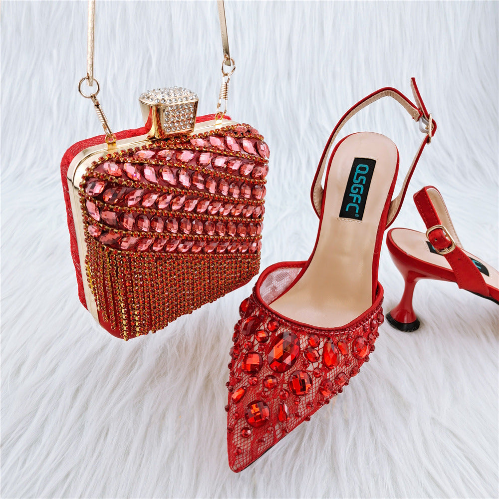 Ladies' High Heel Party Sandals with Diamond Bag Set