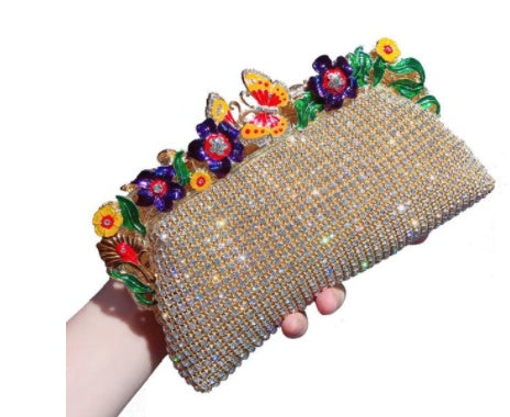 Gold Rhinestone Bridal Dinner Bag with Chain Handle