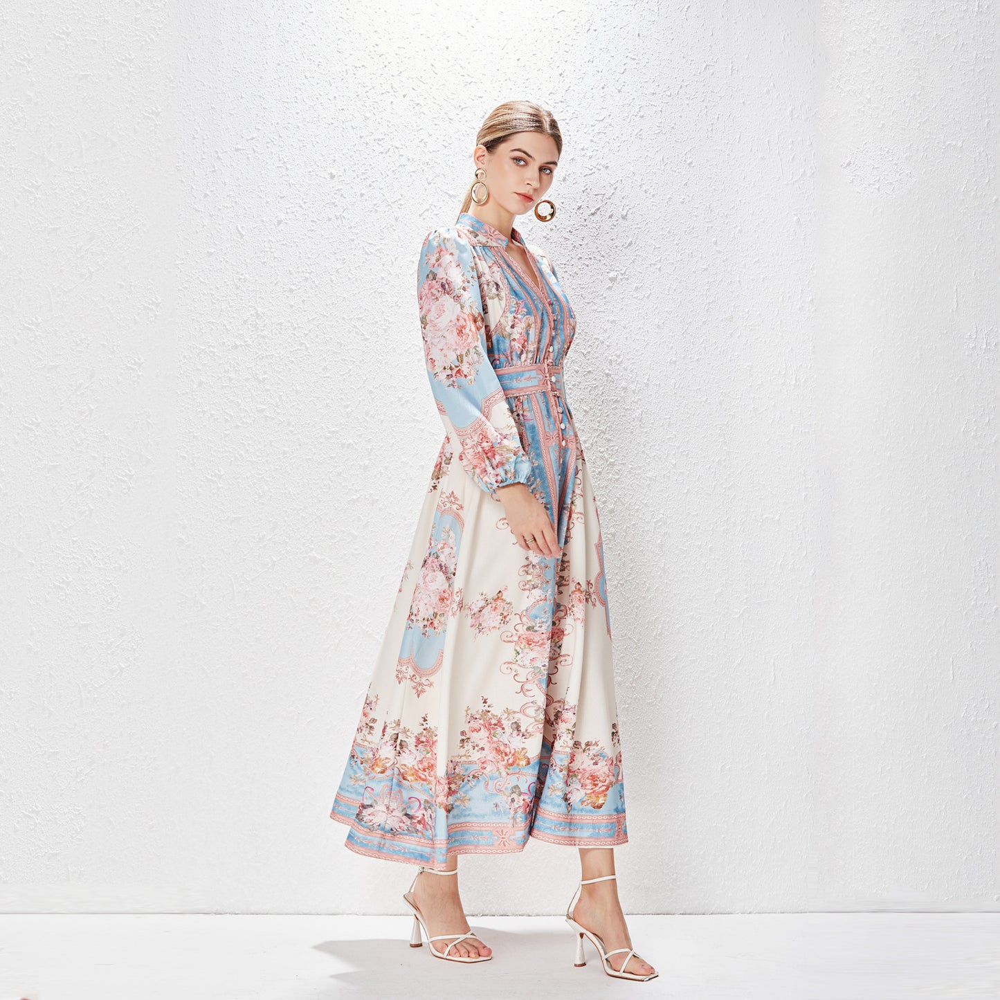 Niche Single-breasted Lantern Sleeve Positioning Printing Dress