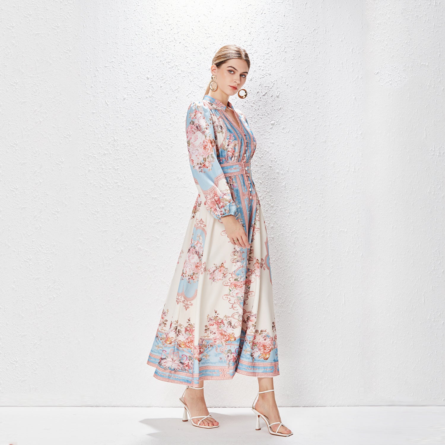 Robe imprimée à manches lanternes simple boutonnage en coton et lin