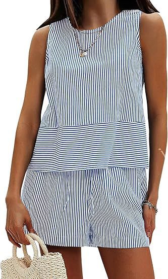 Vertical Striped Waist Round Neck Sleeveless Suit