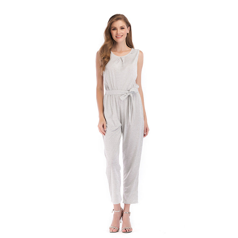 Solid Color Mid-Waist Nine-Minute Cotton Blend Jumpsuit