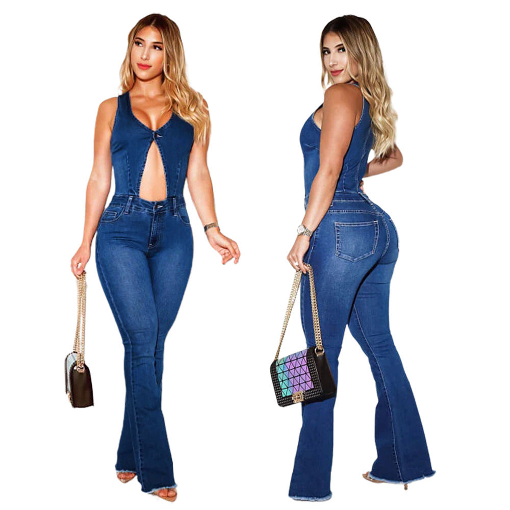 Ins Internet Celebrity Denim Blue Slim Fit Slimming Jumpsuit