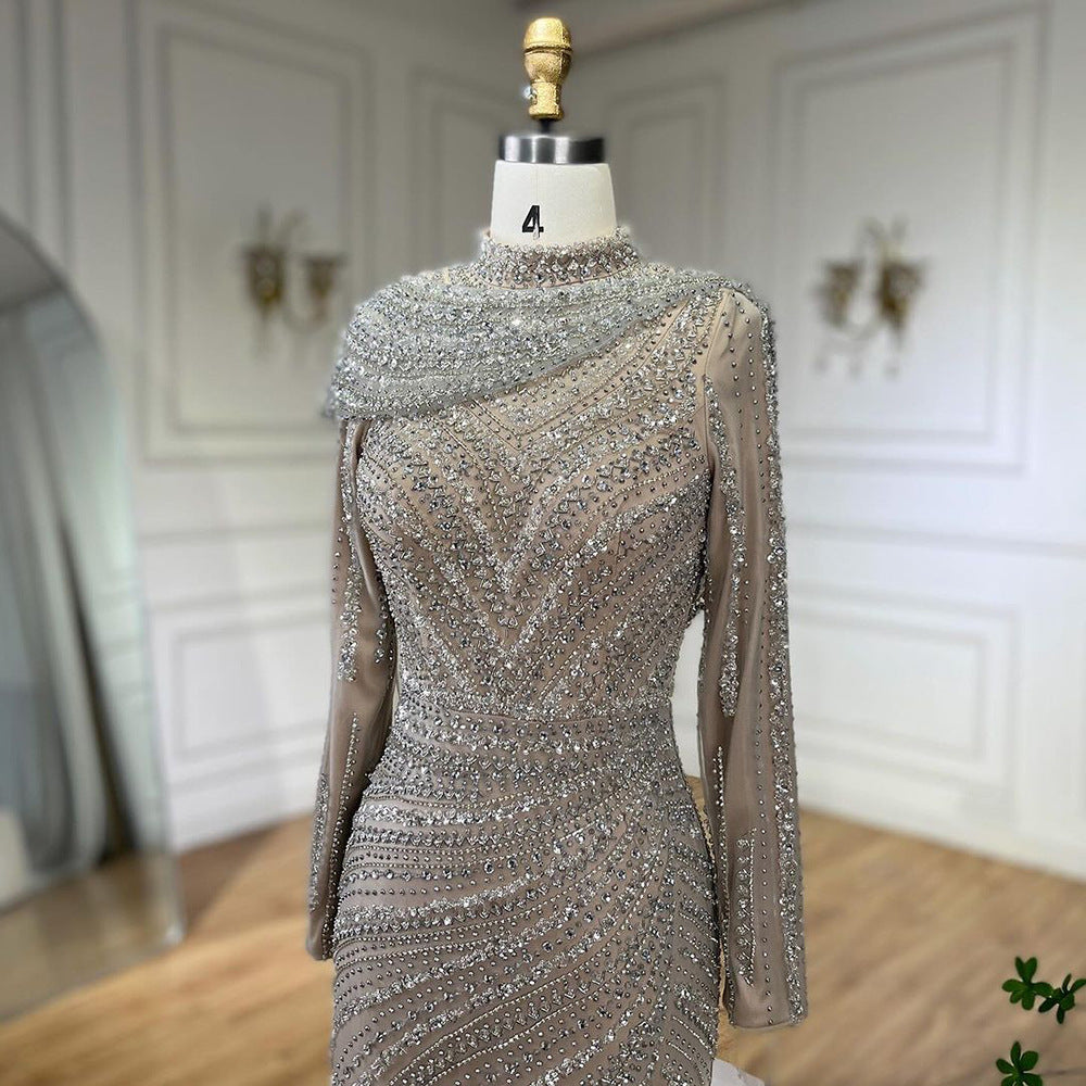 Premium Silver Nude Fishtail Slim Beaded Women’s Dress