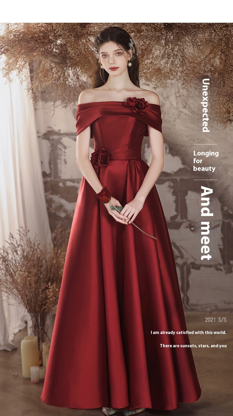 Off-Shoulder Wine Red Satin Toast Wedding Evening Dress