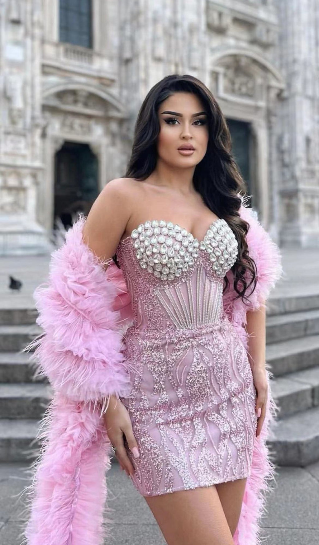 Women’s Pink Rhinestone Sequined Embroidered Tube Top Dress Cotton S-XL