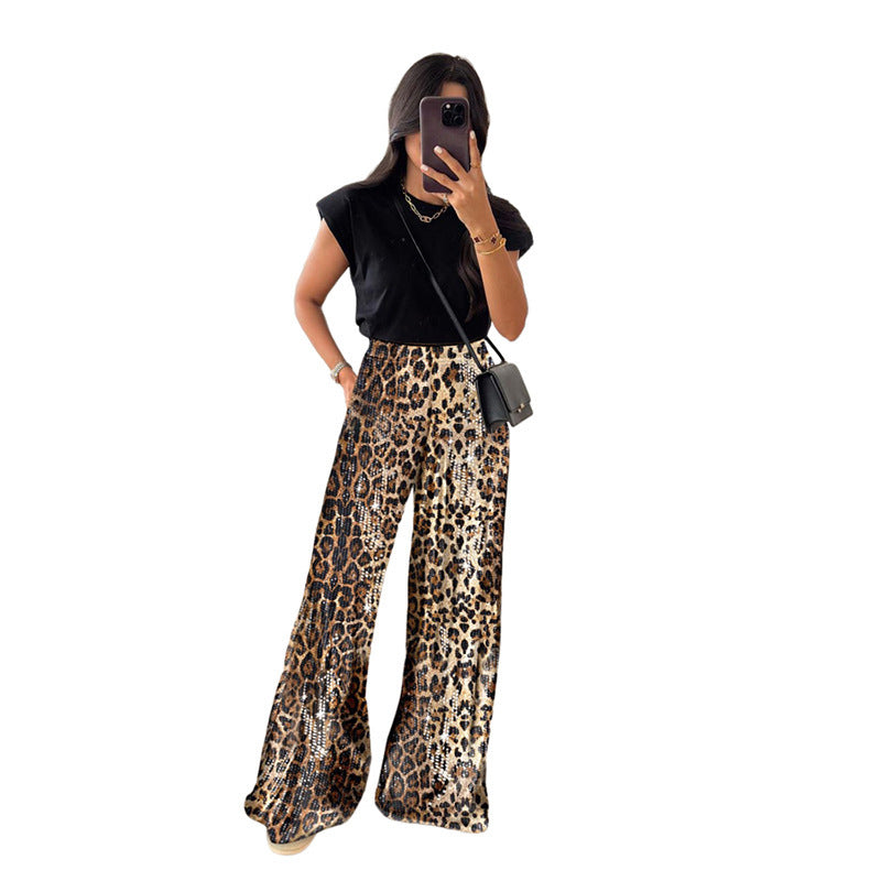 Leopard Print Sequined High Waist Straight Slim Fit Trousers