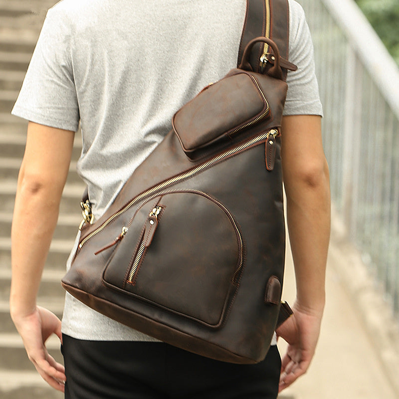 Men's Genuine Leather Large Capacity Multifunctional Chest Bag Dark Brown