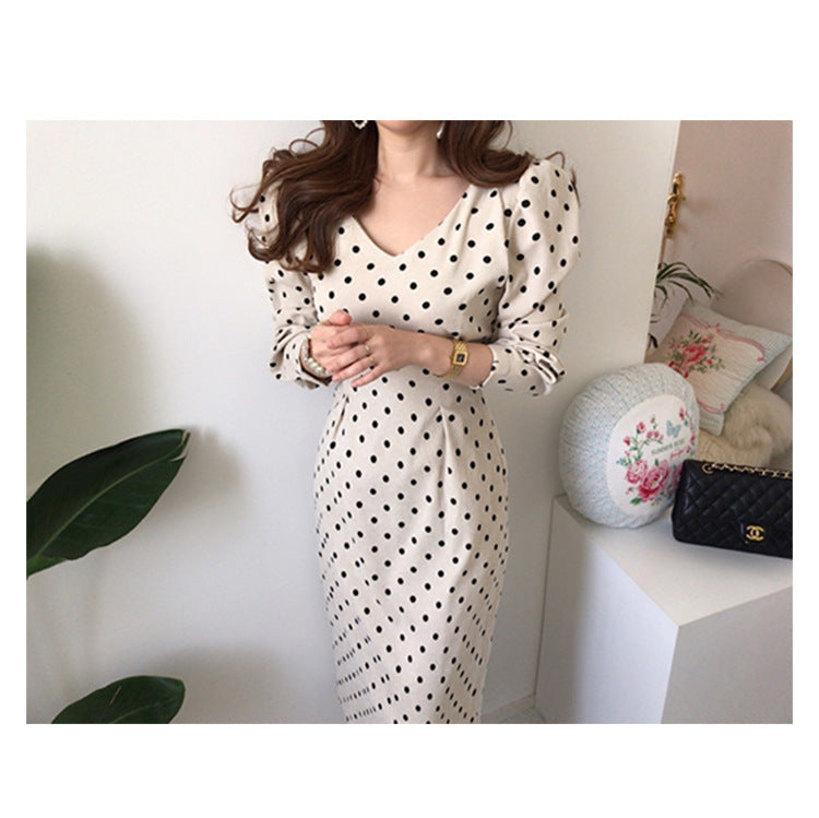 Wave Dot V-Neck Lace Bowknot Waist Bag Hip Dress in Brown & Apricot