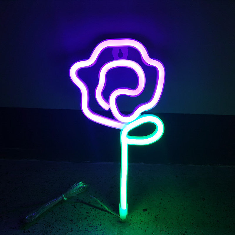 مصابيح نيون LED على شكل وردة لتزيين غرف النوم، تعمل بالبطارية ووصلة USB، مقاس 14x28 سم