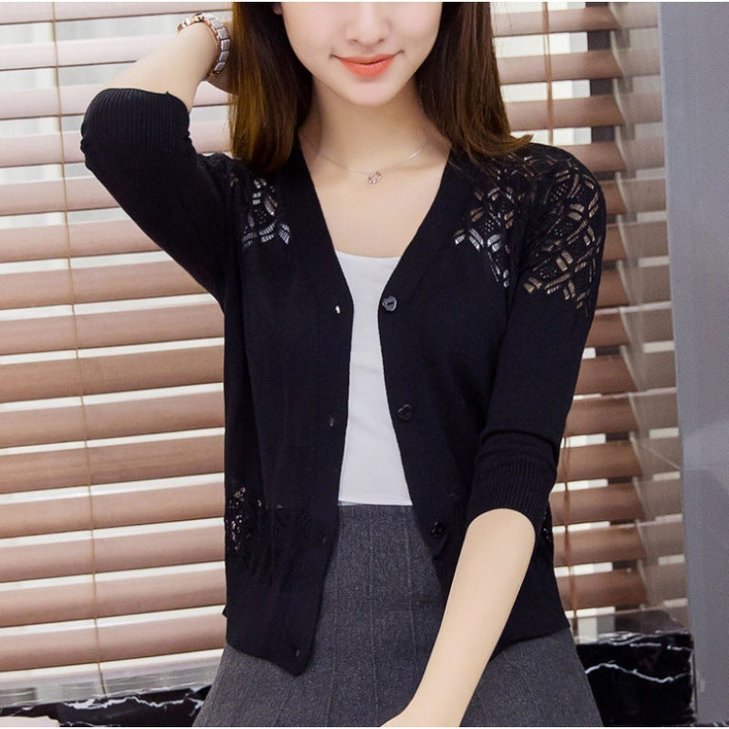 V-neck Short Outer Wear Cardigan Hollow-out Knitted Coat