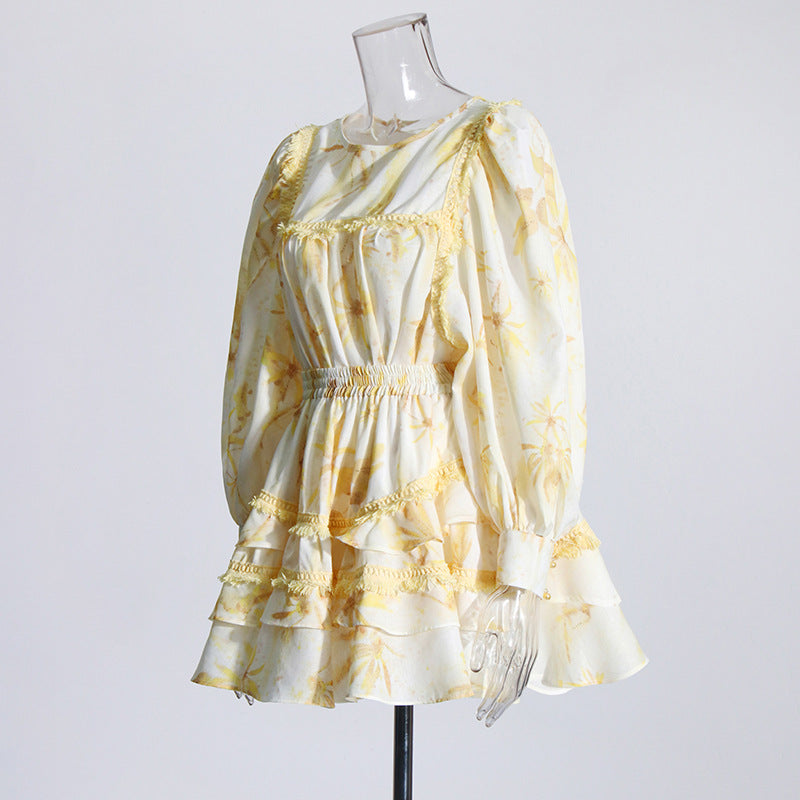 Women’s Fashion Floral Ruffles Skirt Suit with Lantern Sleeves