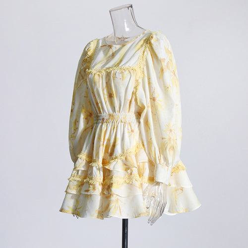Women’s Fashion Floral Ruffles Skirt Suit with Lantern Sleeves
