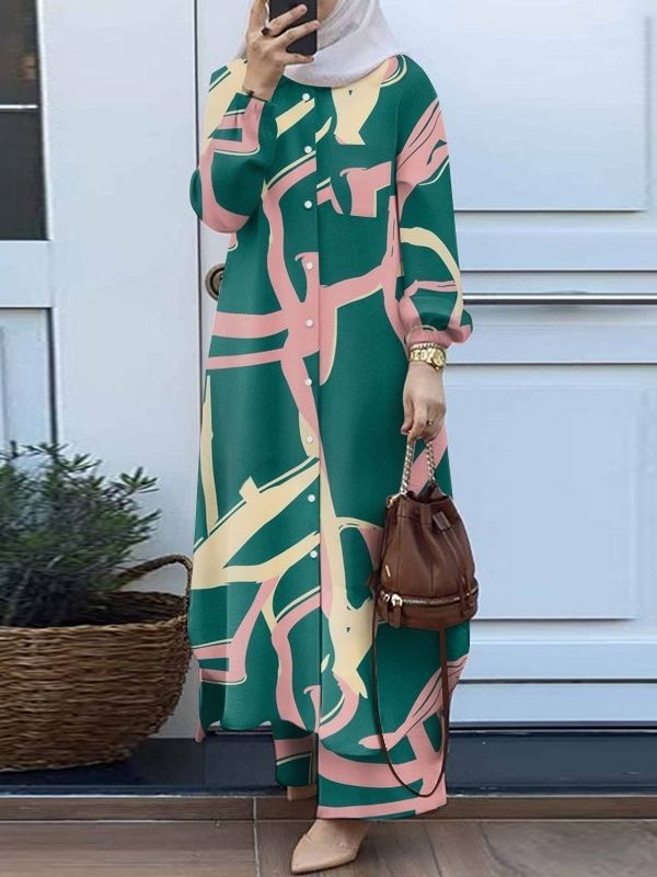 Ensemble musulman deux pièces : Chemise longue rétro et pantalon large