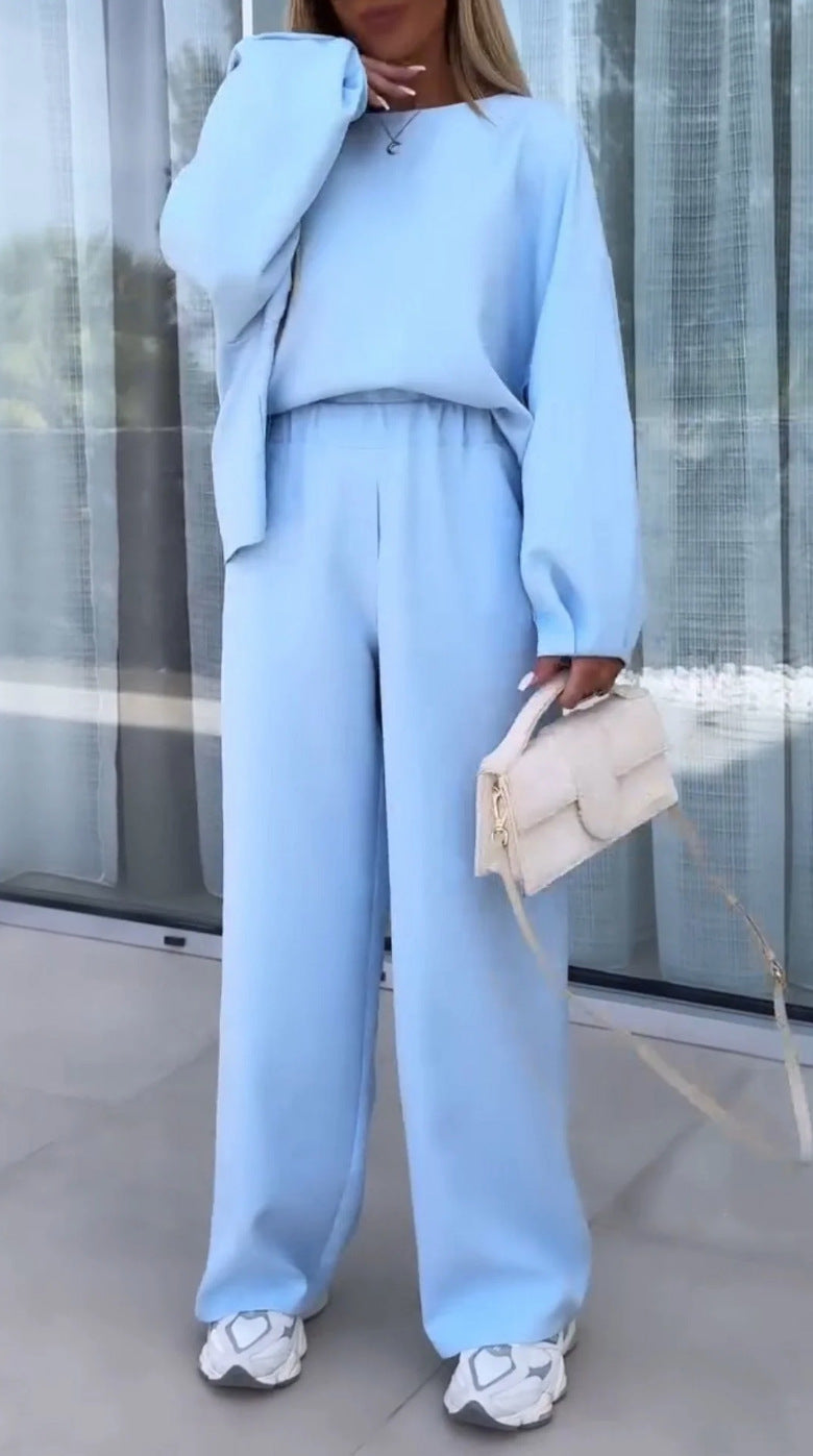 Ensemble deux-pièces femme couleur unie col rond manches longues taille élastique