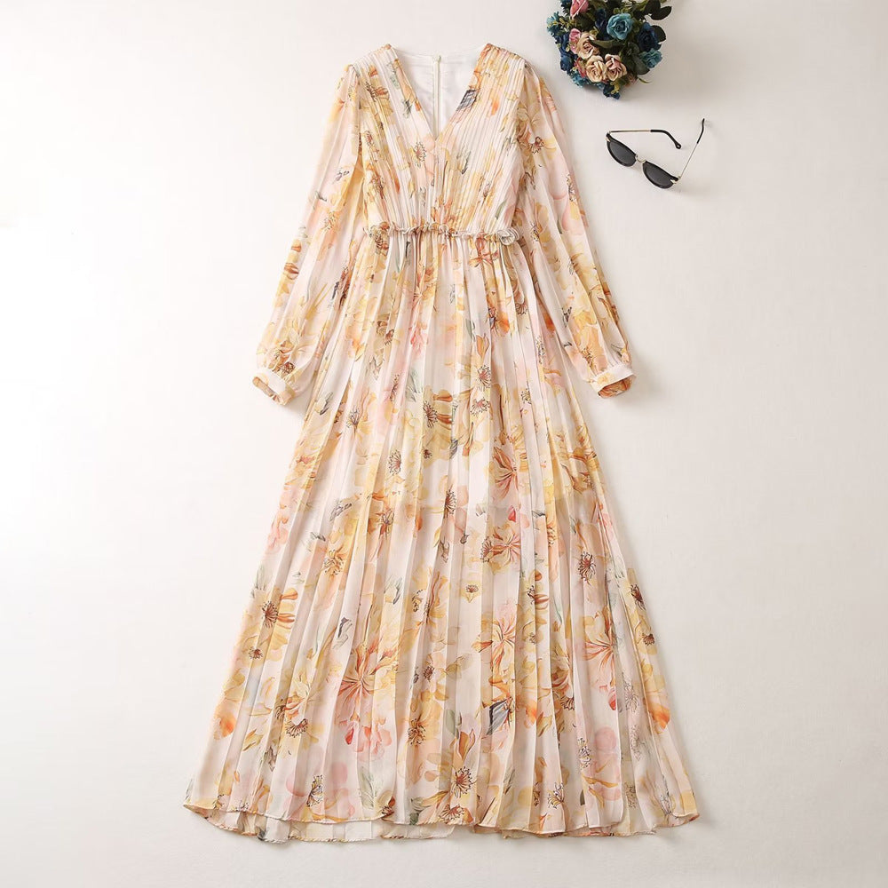 Classy Women's V-neck Lantern Long Sleeved Printed Pleated Dress