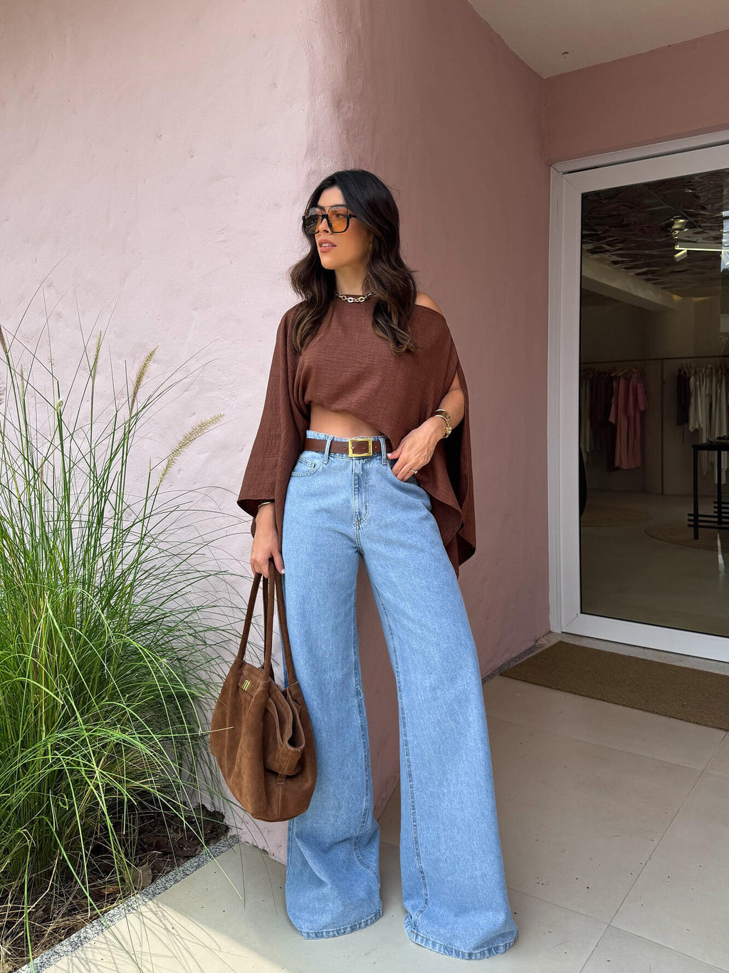 Brown Off Shoulder Loose Fit Crop Top