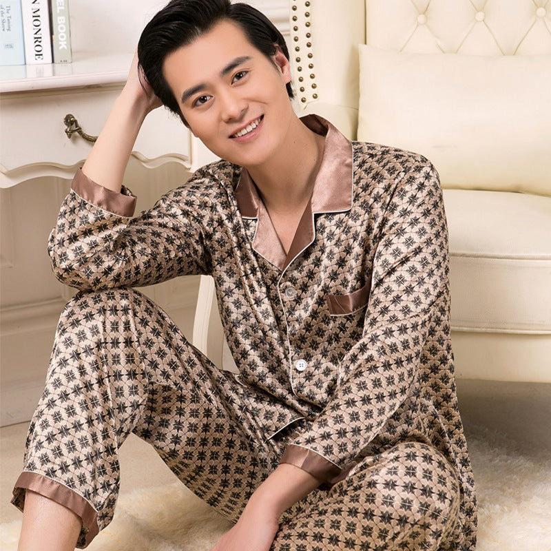 Men's Plus Size Long Sleeve Imitation Silk Pajamas Set