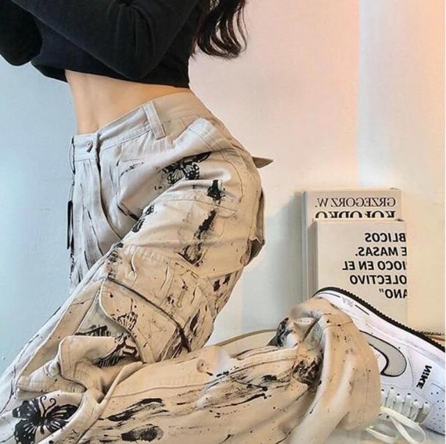 Y2K Grey Splattered Ink Tie-Dye Butterfly Tooling Pants for Women S-XL
