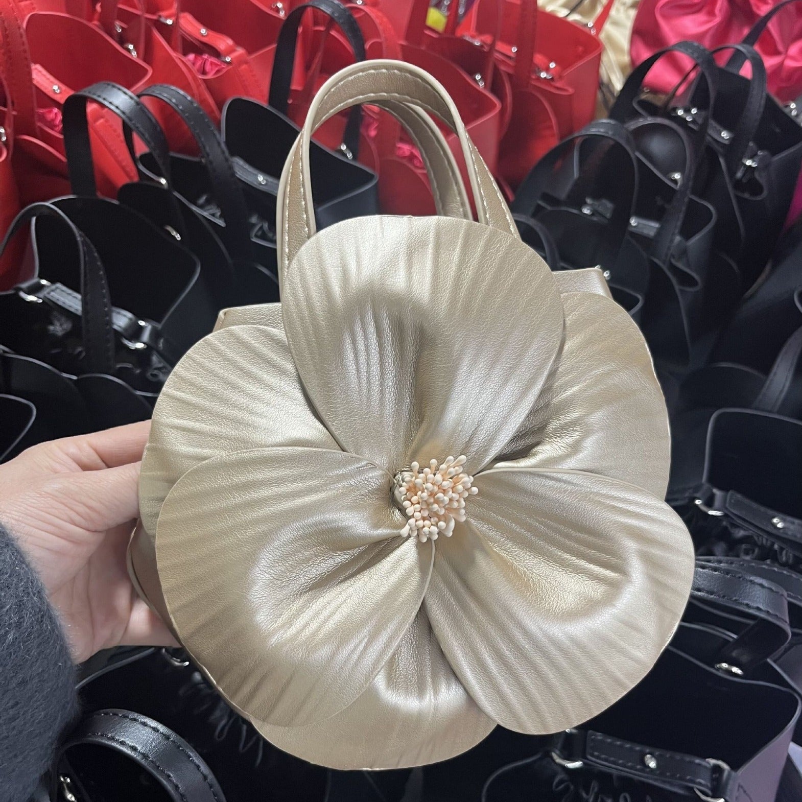 Sac cabas en PU avec fleur pétale de style français, sac à bandoulière