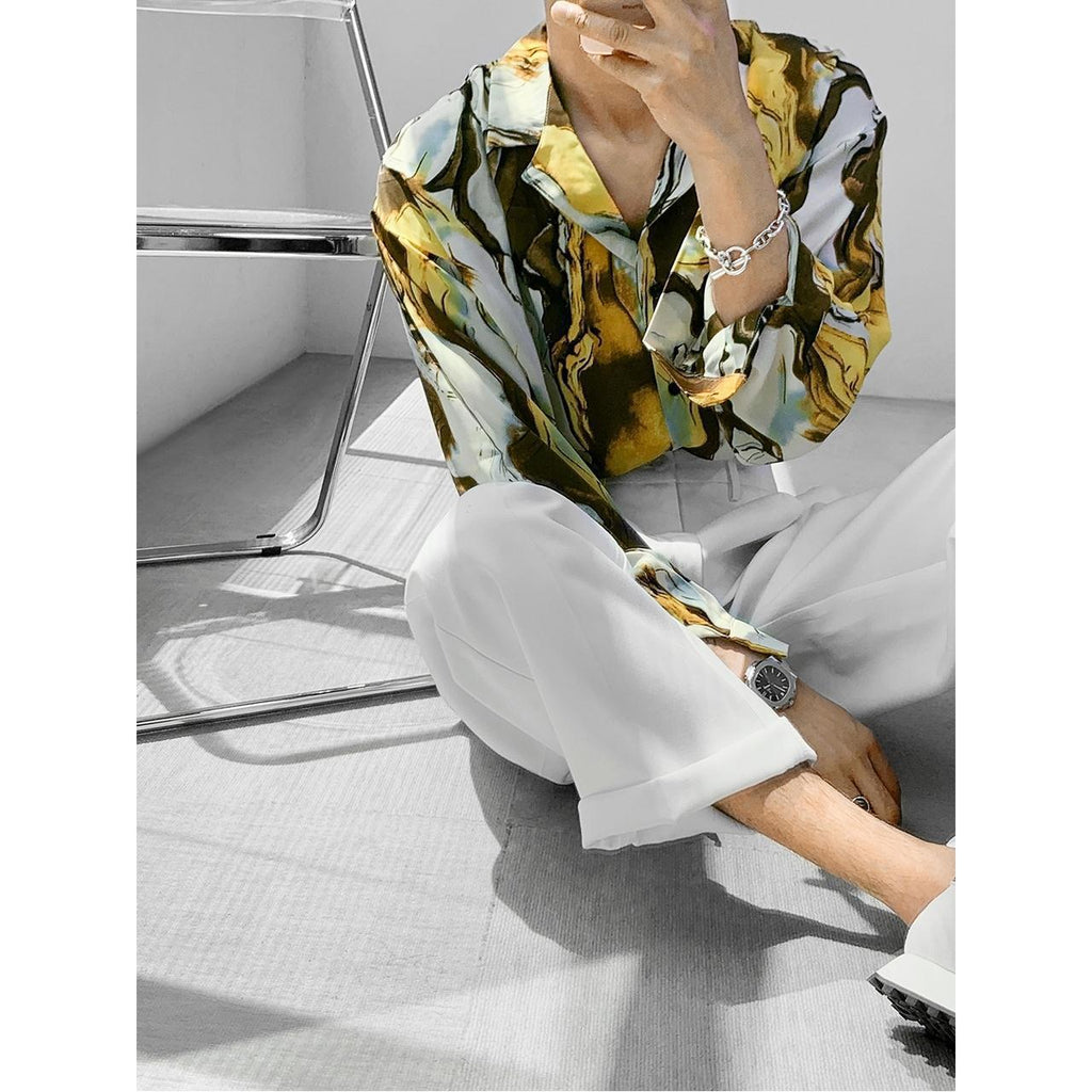 Chemise tendance rétro ample à manches longues à motif floral pour hommes