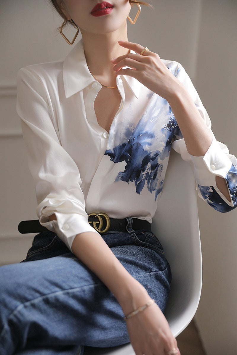 Women's Satin Silk Long Sleeve Shirt with Small Country Style