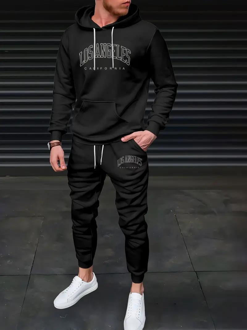 Ensemble homme pull à capuche et pantalon de survêtement doublé polaire imprimé lettre pour automne hiver