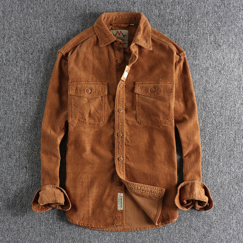Retro Washed Wool Corduroy Long-Sleeve Shirt for Men in Multiple Colors