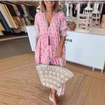 Summer Bohemian Print Lantern-Sleeved Dress Fashion