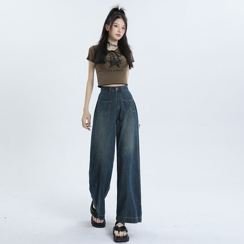 Women's Retro Blue High Waist Loose Straight Denim Pants