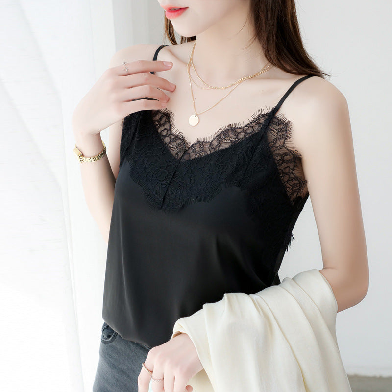 Eyelash Lace Satin Camisole Top for Women