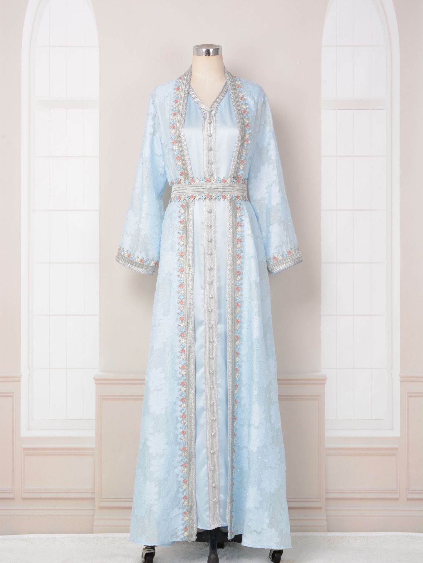 Middle East Women's Elegant Muslim Dress with Ruffles and Embroidery