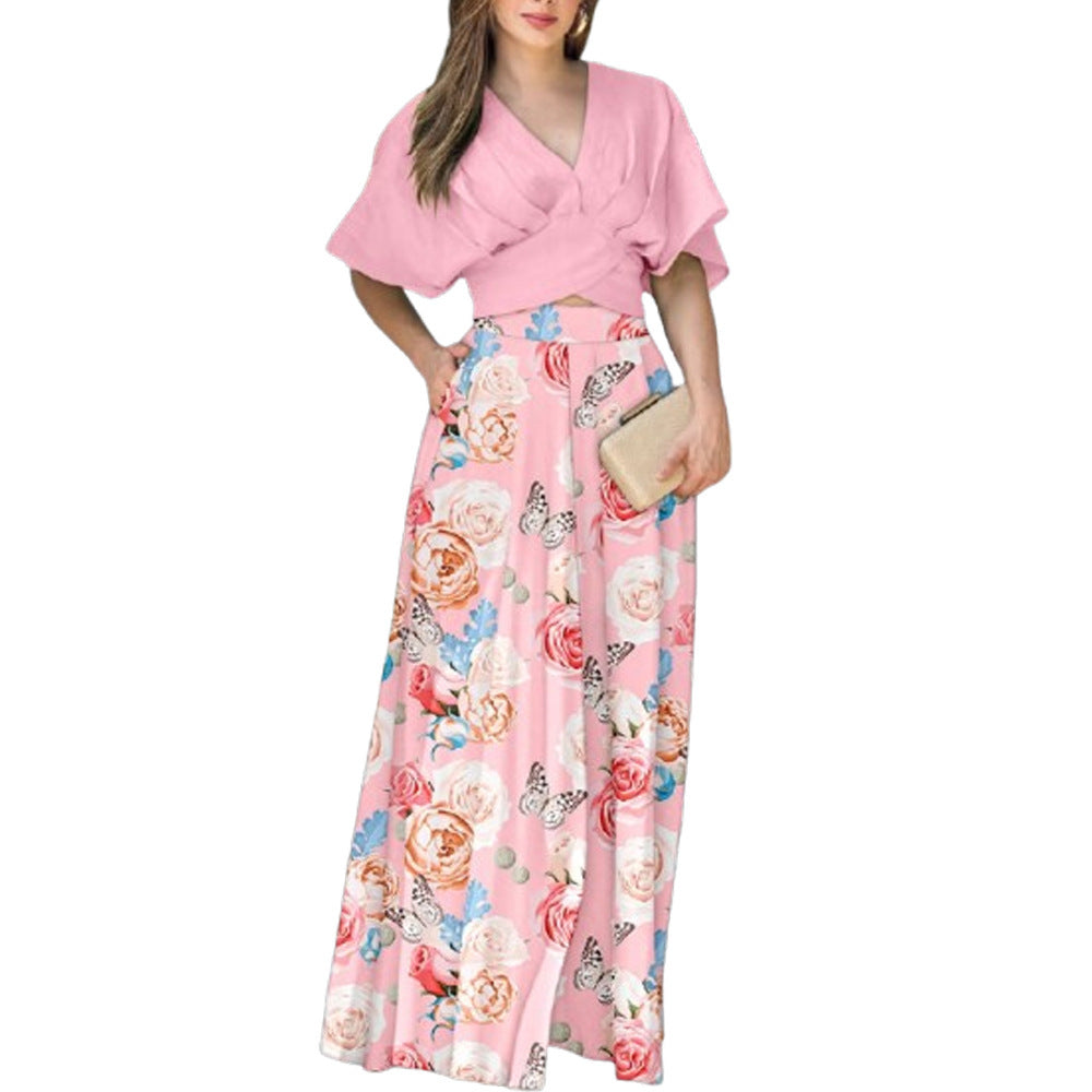Women's Summer Printed Two-Piece Suit Short Sleeve Top & Pocket Trousers