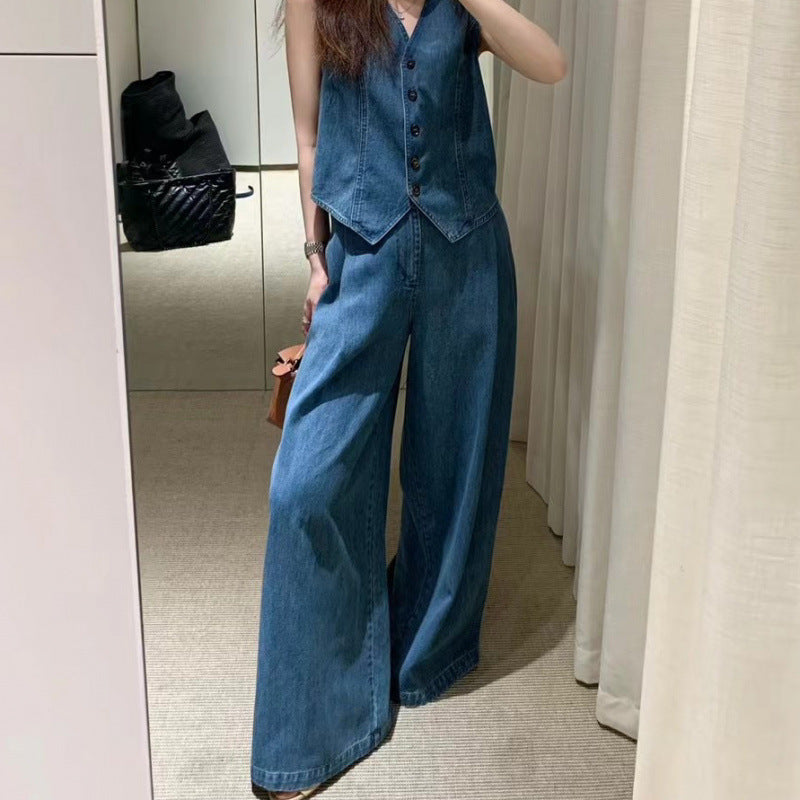 Blue Sleeveless Vest & Wide-Leg Pants Set for Women