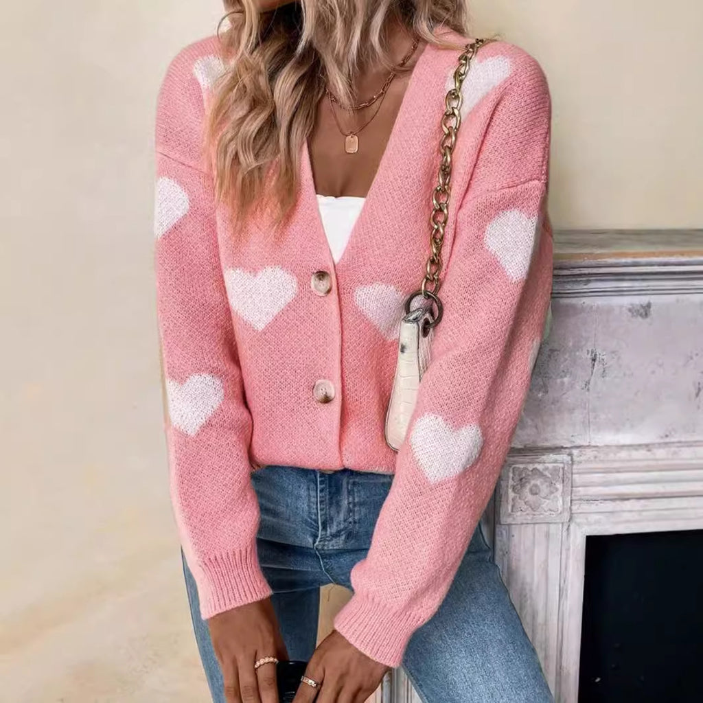 Women's Long-Sleeve Love Pattern Cardigan Sweater for Valentine's Day