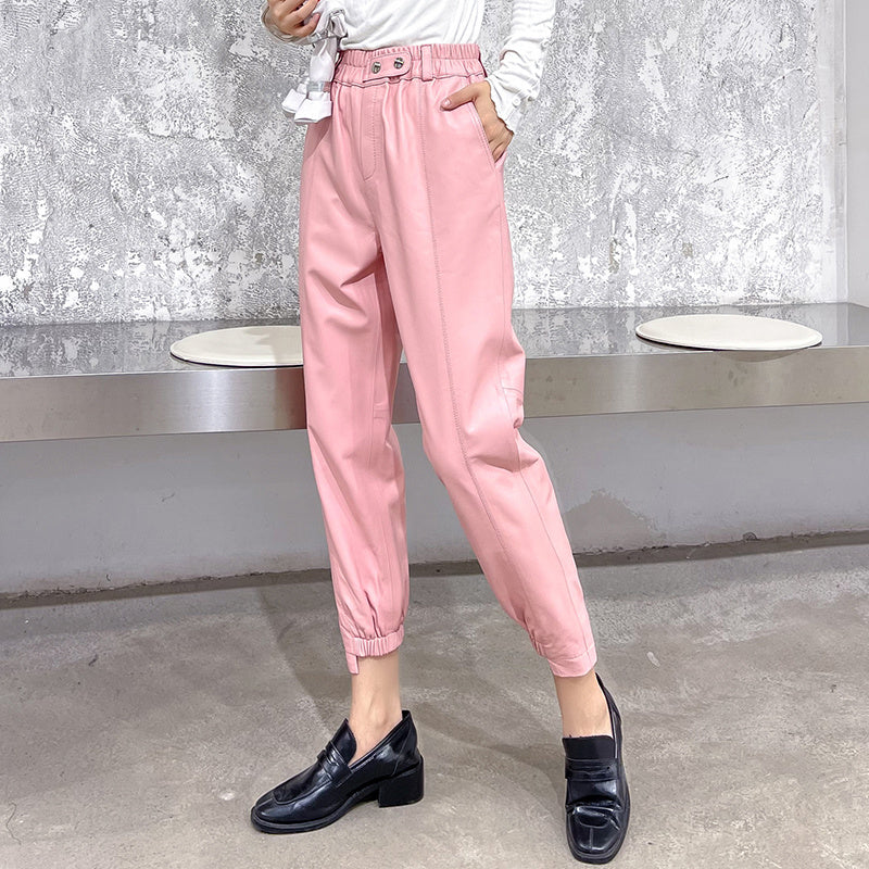 Women's Sheepskin Leather Harem Pants High Waist Elastic Leggings