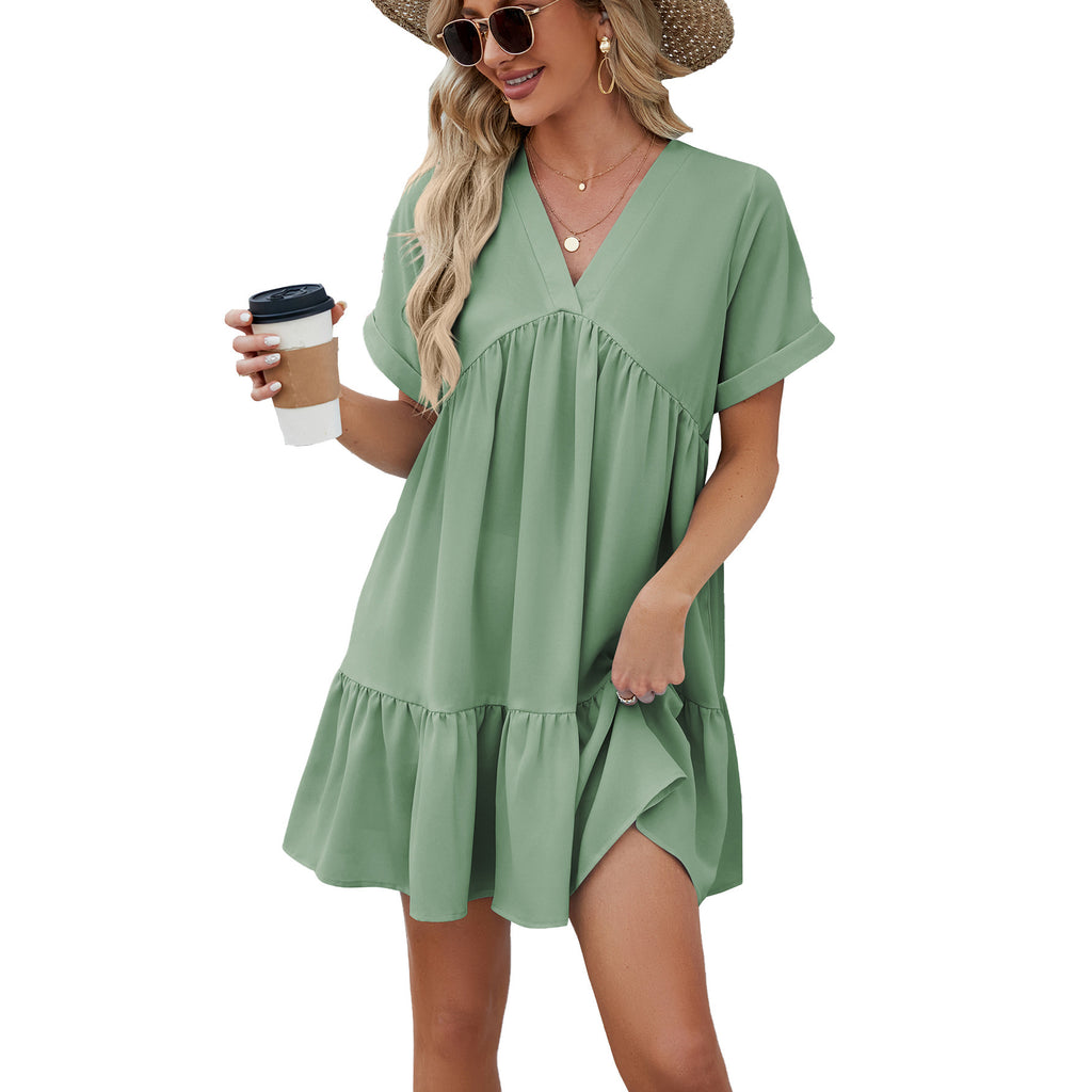 Robe plissée ample unie à col en V pour femme