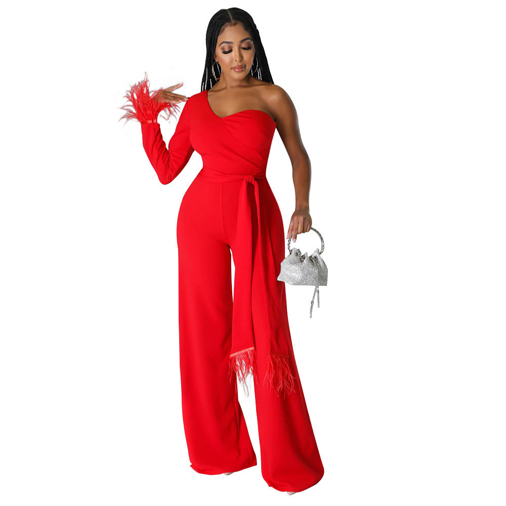 Wide-Leg Tassel Jumpsuit with One-Shoulder Design