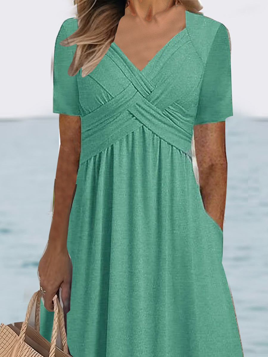 V-Neck Waist-Tight Spring Summer Dress Outerwear Nightdress in Black, Emerald, Peacock Blue, Sizes M-XXXL