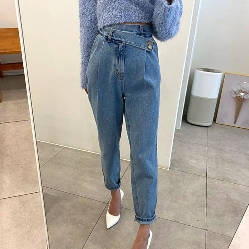 Jean décontracté taille haute bleu ample avec boucle irrégulière